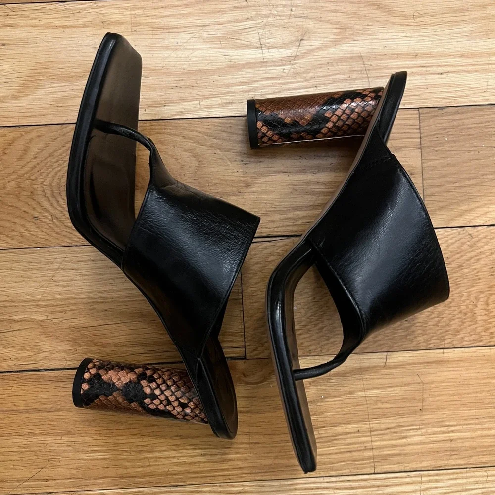 J.Crew‎ Black Leather Wide Thong Heel Square Toe Snakeskin Block Sandal BX895 8